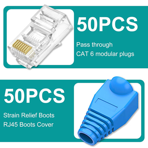 UTP RJ45 Connectors, Cat6 RJ45 Pass Through Plugs 50-Pack, Cat6 RJ45 Plugs with 50-Pack Strain Relief Boots for Solid or Standard Ethernet Cables, Transparent