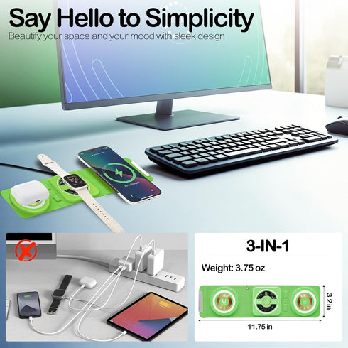 3-in-1 Foldable Magnetic Wireless Charger Keychain, 15W Travel Fast Charger for Phone 15/14/13/12, Watch, AirPods