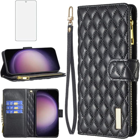 Asuwish Wallet Case for Samsung Galaxy S23 Plus 5G - Leather Flip, Tempered Glass Protector, Credit Card Holder, Black.
