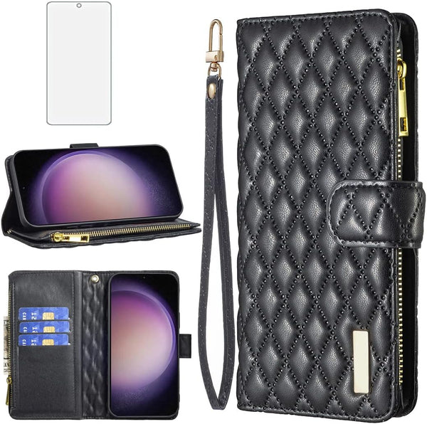 Asuwish Wallet Case for Samsung Galaxy S23 Plus 5G - Leather Flip, Tempered Glass Protector, Credit Card Holder, Black.