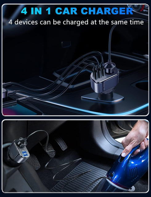 4 in 1 USB C Car Charger Adapter, 210W Multi USB Cigarette Lighter Adapter with 3 USB Ports for iPhone 15/14