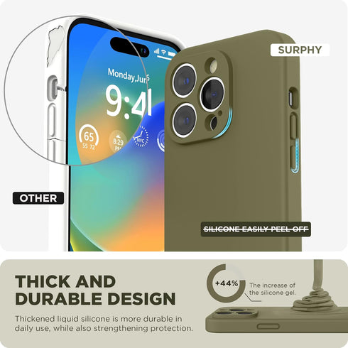 SURPHY iPhone 14 Pro Max Case with Screen Protector, Liquid Silicone, Khaki Green, Soft Microfiber Lining