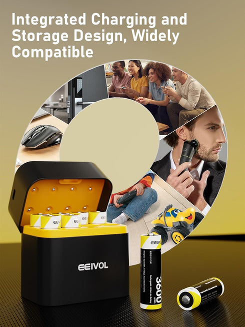 GrnOas.E 8 Pack 1.5V 3600mWh, 350mA, IP67 Rechargeable AA Batteries & Fast Charger, Integrated Charging Box