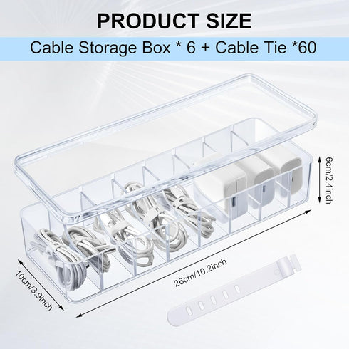 Tatuo 6 Pcs Cable Organizer Box with Wire Ties, Clear Plastic Cord Storage Box with Lid for Home Office Desk