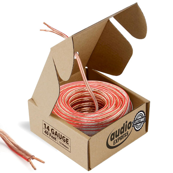 Audio Express 40ft 14-Gauge Stereo Speaker Wire, 12.19m, 2 Conductor, Polarity Marked, Clear PVC,
