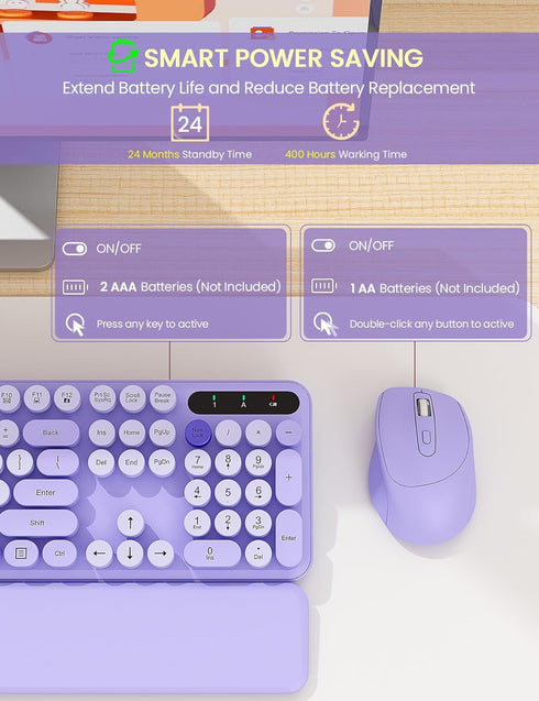 Wireless Keyboard and Mouse Combo, Cute Typewriter Keyboard with Detachable Wrist Rest, Retro Round Keycaps, 2.4GHz for