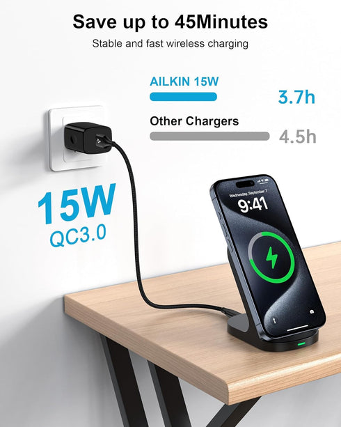 Wireless Charger Stand, Android Cordless QI Charging Pad for Galaxy S24 Ultra, Google Pixel, Apple iPhone 15