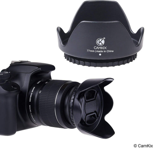 77mm Set of 2 Camera Lens Hoods and 1 Lens Cap, Rubber (Collapsible) + Tulip Flower for Enhanced Photography
