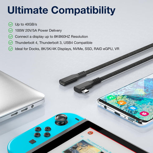USB 4 Extension Cable 1FT, 240W, Right Angle Thunderbolt 4/3 & USB C Male to Female, PD 3.1, 40Gbps, 8K@60Hz for