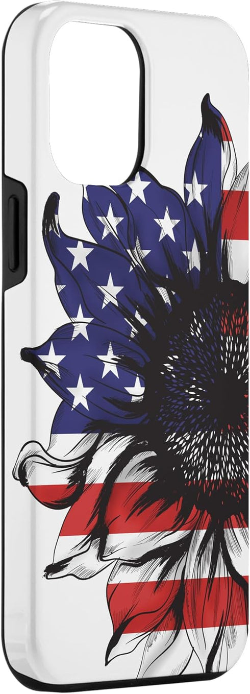 Sunflower American Flag Phone Case for iPhone 15 Pro Max - Patriotic Gifts for Women