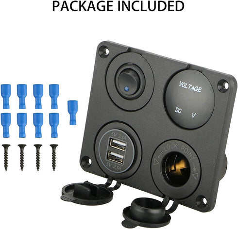Linkstyle 4 in 1 Charger Socket Panel, 12V Dual USB Charger Socket & LED Voltmeter for Car & Marine