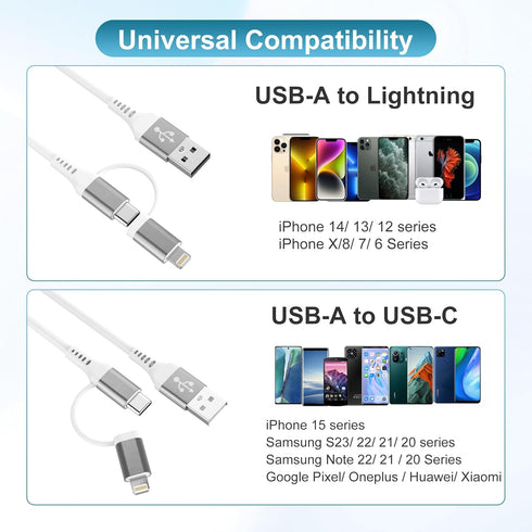 USB to USB-C and Lightning Cable Combo, 2 in 1 Coiled Cable for Apple Carplay & Android Auto, Fast Charge