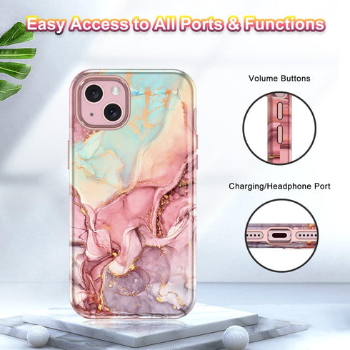 Btscase iPhone 15 Plus Case (6.7", 2023) - Rose Gold Marble Pattern, 3-in-1 Heavy Duty Shockproof Cover for Women &