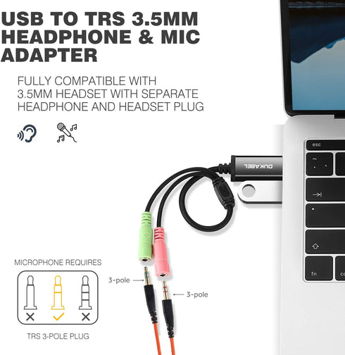 DuKabel USB Audio Adapter, USB to 3.5mm Jack TRS AUX Adapter for Headset with Separate Plug TRS Microphones [Metal