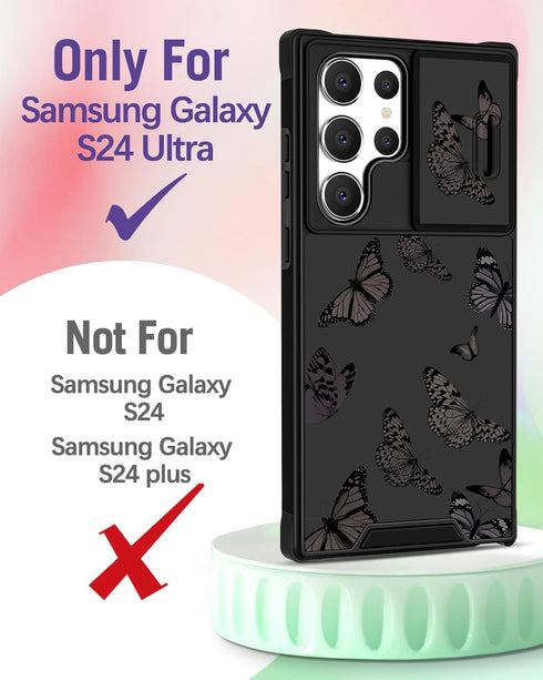 Samsung Galaxy S24 Ultra Case for Women, Cute Black Butterfly Design, Compatible with MagSafe, Camera Cover, 2in1