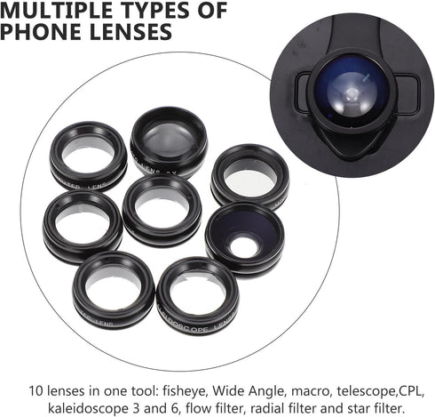 TIKODIDA 10-in-1 Set Phone Camera Lens Kit Macro Wide-Angle Clip-on Lens Universal Mobile Phone Attachment