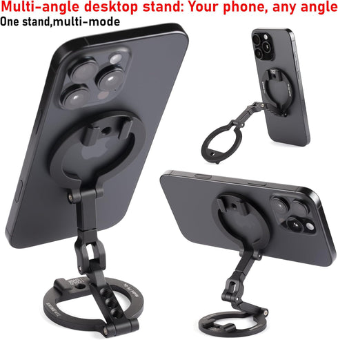 SHINEWEE 360 Stand,1/4" Dual Magnetic Ring Phone Mount - Foldable Rotation CNC Aluminum Screw,Cold Shoe Interface