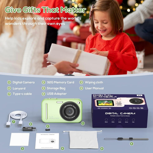 HILDCROA 48MP 1080P 16X Digital Camera for Kids, FHD Point and Shoot Digital Cameras with Zoom Anti-Shake, Compact