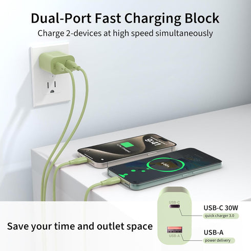30W USB C GaN Charger for iPhone 15, Dual Port Fast Charging Block with Type C Charge Cable 5ft