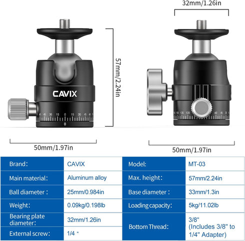 CAVIX 25mm 360 1/4" 11lb/5kg Mini Ball Head Panoramic Tripod Head Small Ball Head with Quick Release Plate