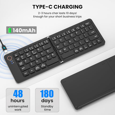 Mini Foldable Bluetooth Keyboard, Portable Wireless Full Size Keyboard (Sync Up to 3 Devices) for iPhone iPad Mac