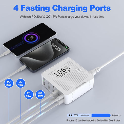 166W GaN 10-Port USB C Charging Station, PD20W QC18W Fast Charging Wall Charger for iPhone 15/14/13/12/11