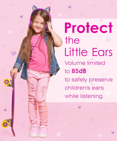 FosPower Kids Headphones with LED Cat Ears, 85 dB Safe Volume, Tangle-Free Cables, Hot Pink/Purple for School/Travel.