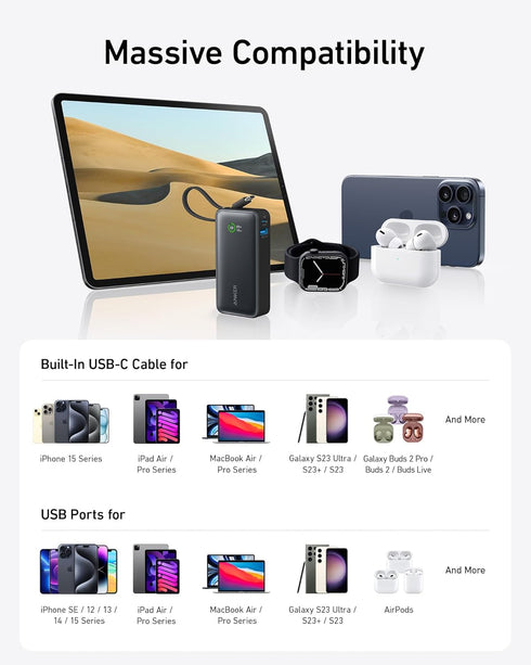 Anker Nano Power Bank, 10,000mAh Portable Charger with Built-In USB-C Cable, 30W Max Output for iPhone 16/15 Series,
