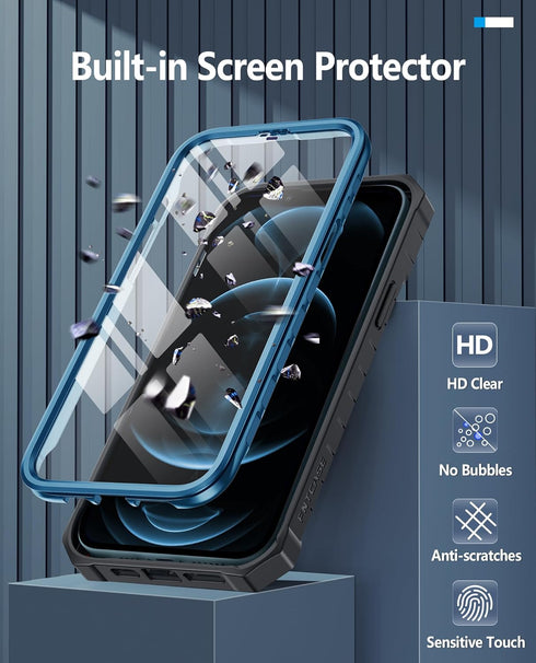 FNTCASE iPhone 12 Pro Max Case: Rugged Shockproof TPU, Military Grade Drop Protection, Kickstand, Matte Blue Cover.