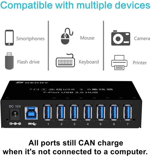 USB 3.0 Hub, 7-Port Powered USB Hub 3.0 with Metal Case, 36W AC Adapter-Type A