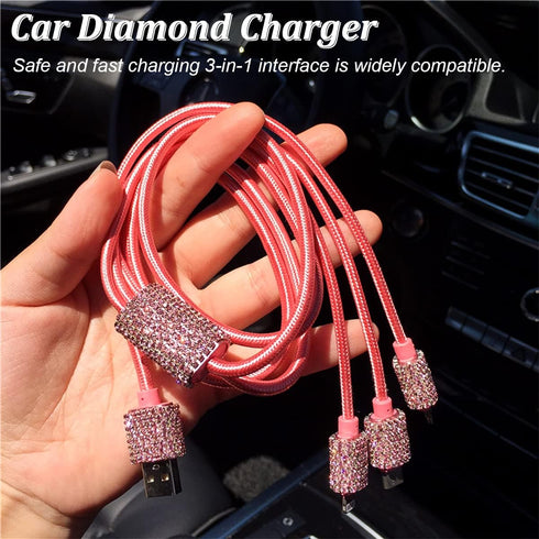 Bling Dual USB Car Charger with 3-in-1 Multi Fast Charging Cable, Rhinestones Car Interior Accessories for Women (Pink)