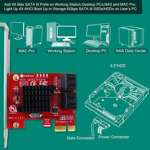 PCIE 3.0 to 4-Ports SATA III Expansion Card for Desktop PCs, Plug and Play for Windows, MAC, Linux