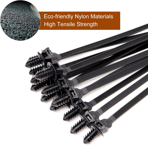 Push Mount Zip Ties, 8 inch Cable Zip Tie Black Wire Tie with Push Pin for Indoor and Outdoor (100 Pack)