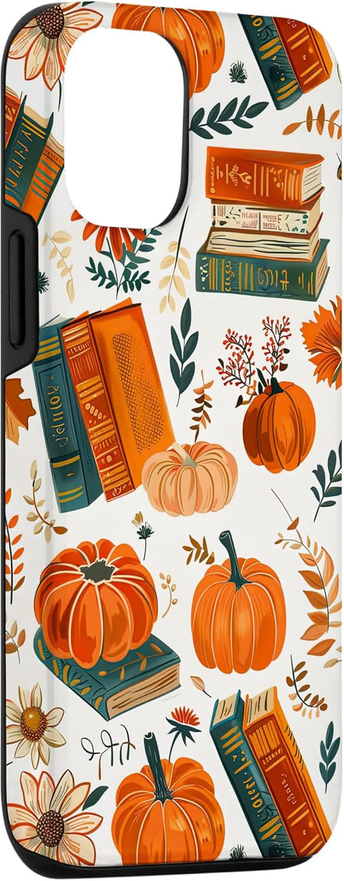 iPhone 15 Case, Vintage Pumpkin Fall Leaves & Book Pattern, Bookish Bookworm