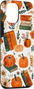 iPhone 15 Case, Vintage Pumpkin Fall Leaves & Book Pattern, Bookish Bookworm