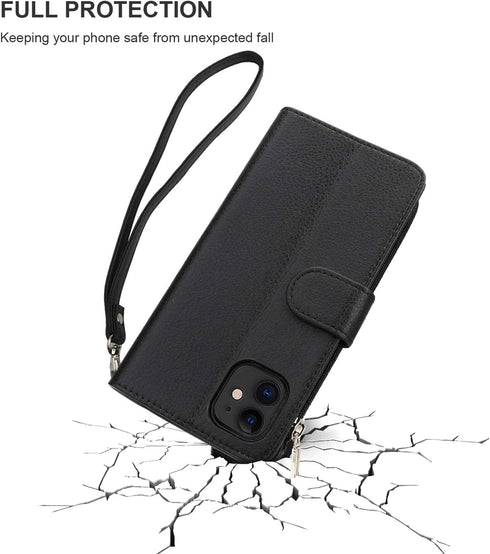 KIHUWEY iPhone 12 Pro Wallet Case Leather Zipper with Card Holder, Kickstand and Protective Lanyard Purse Cover