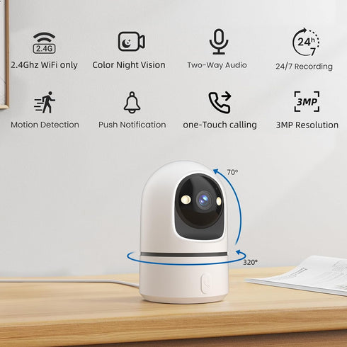 Camoon 2K 360 2.4Ghz Indoor Security Camera, WiFi Cameras for Home Security, Baby/Pet Camera with Phone App, One-Touch