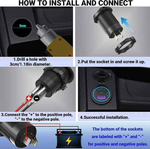 83W 12V USB Outlet Laptop Charger: 2 Pack 65W USB-C PD3.0 and 18W QC3.0 Multi Car USB Port 12V Socket Waterproof with