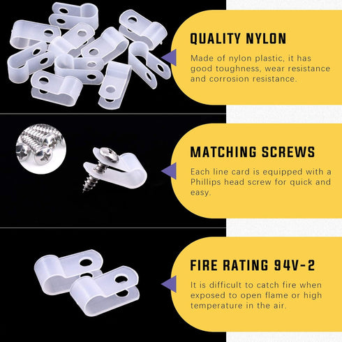 Swpeet 120 Pack White Nylon Plastic R-Type Cable Clips - 1/4 Inch Clamp Kit with 120 Screws for Wire Management