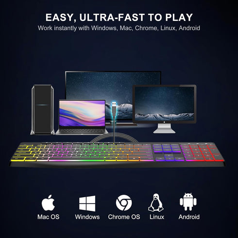 Wired Computer Keyboard, 7-Color Rainbow LED Backlit, Quiet Light Up Keyboard for Windows Mac PC Laptop