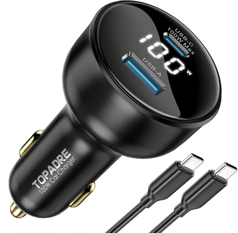 100W USB C Car Charger with Display, PD3.0+QC Type C Adapter for Laptops, MacBook Pro, iPhone 15/14