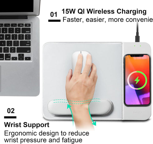 15W Wireless Charging Mouse Pad with Detachable Wrist Support and 20W Power Adapter, Fast QI Wireless Phone Charger