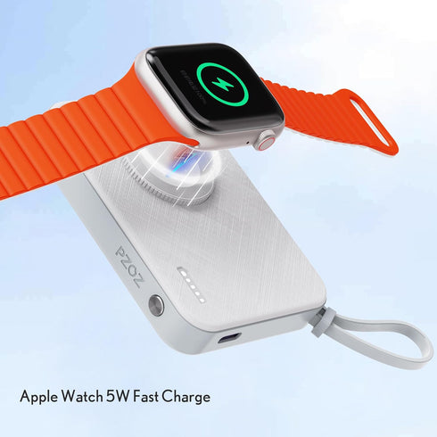 pzoz 5000mAh Portable Magnetic Small Mini Power Bank Battery Pack with Apple Watch Wireless Charger, Built-in Cable