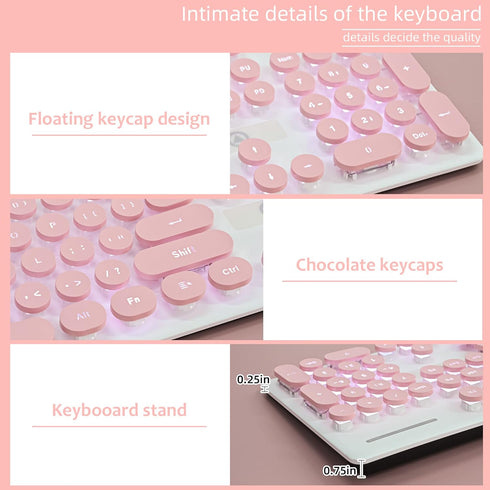 Wired Quiet Membrane Keyboard, Full Size 104-Keys, Retro Punk Typewriter, White LED Backlit, USB, Pink