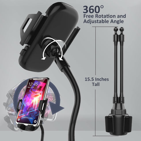 Double Phone Holder for Car Cup Holder – Flexible Neck, 360° Rotatable Cradle Car Phone Mount, Fits 2 iPhone, Samsung,