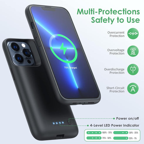 Feob Battery Case for iPhone 13/13 Pro - 7500mAh Portable Charger Case for Extended Battery Life, Black