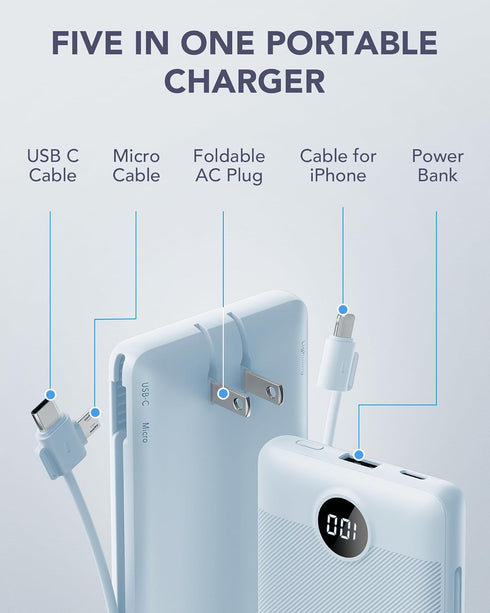 VRURC Portable Charger with Built-in Cables and AC Wall Plug, 10000mAh USB C Power Bank for Smart Phones, Tablets Blue
