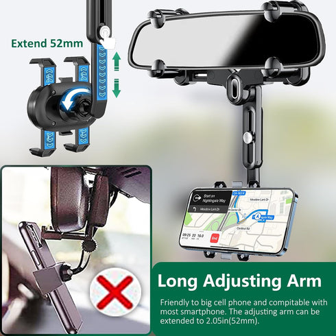 PKYAA Rearview Mirror Phone Holder for Car, 360° Rotating Mount with Adjustable Arm Length for All Smartphones