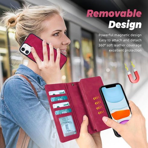 TwoHead 11 for iPhone Wallet Case with Card Holder & Detachable Magnetic Phone Case, PU Leather Wallet with Wrist Strap