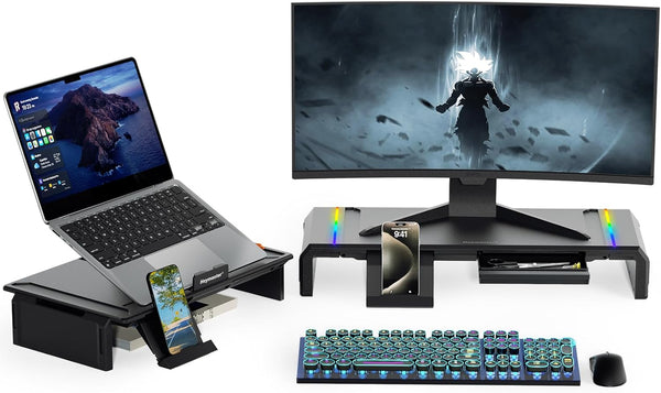 Dual Monitor Stand for Desk, Foldable Riser with RGB Light, Computer Monitor Stand Riser, Desktop Organizers (Black)